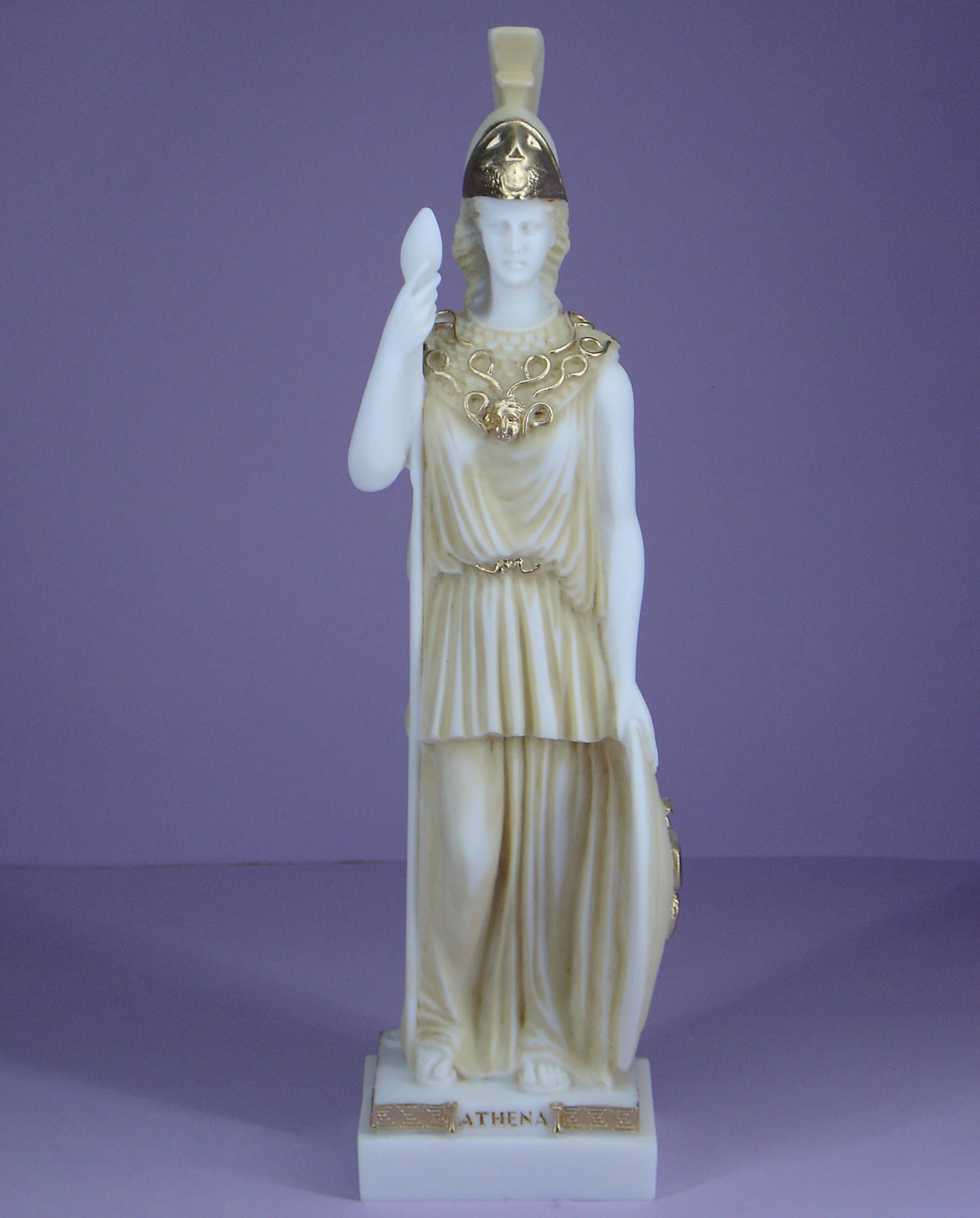Athena statue with her spear and shield standing