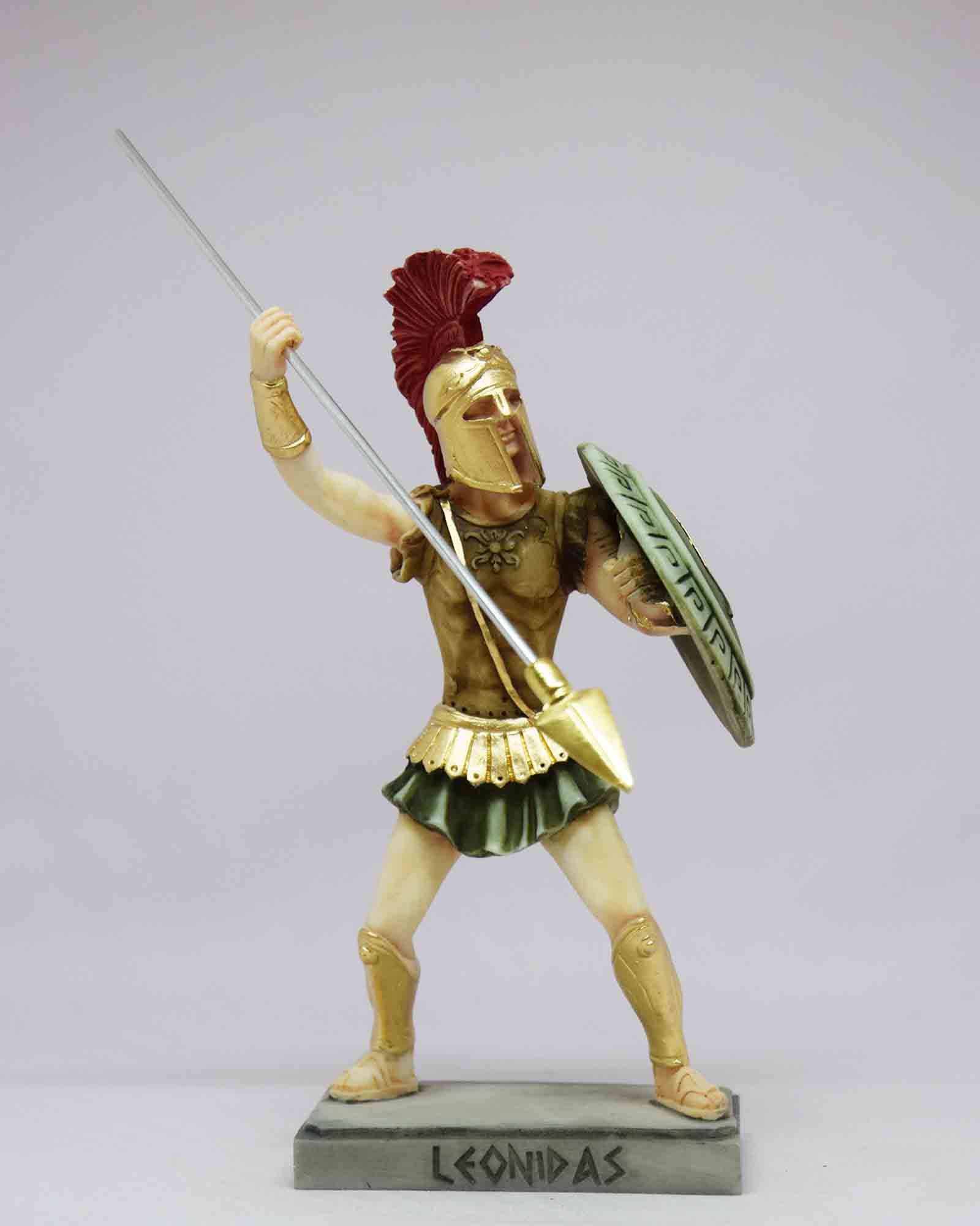 Leonidas statue in fighting position holding spear and shield