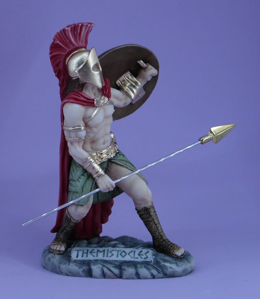 Themistocles statue in defense holding shield and spear
