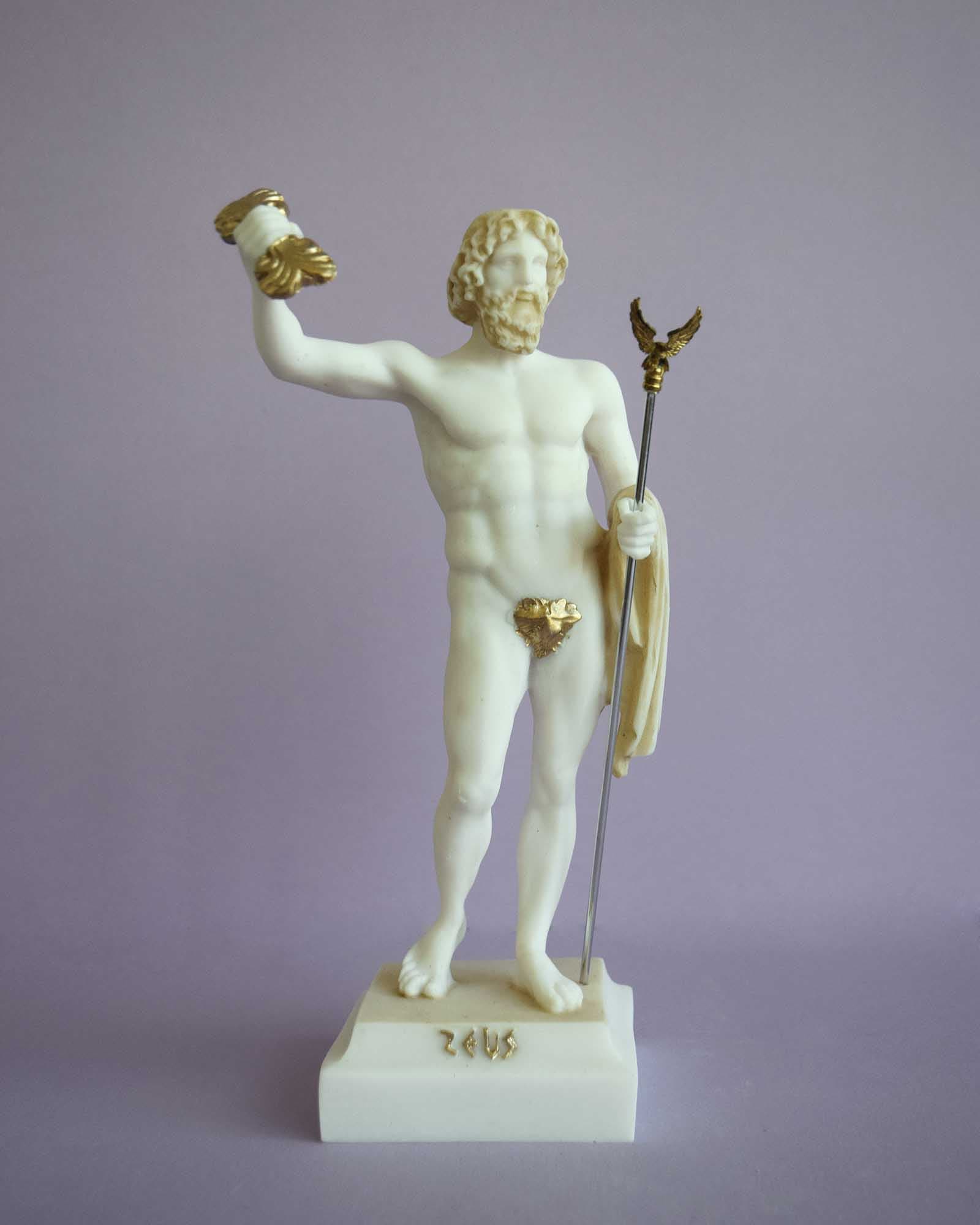 Zeus standing and holding his spear